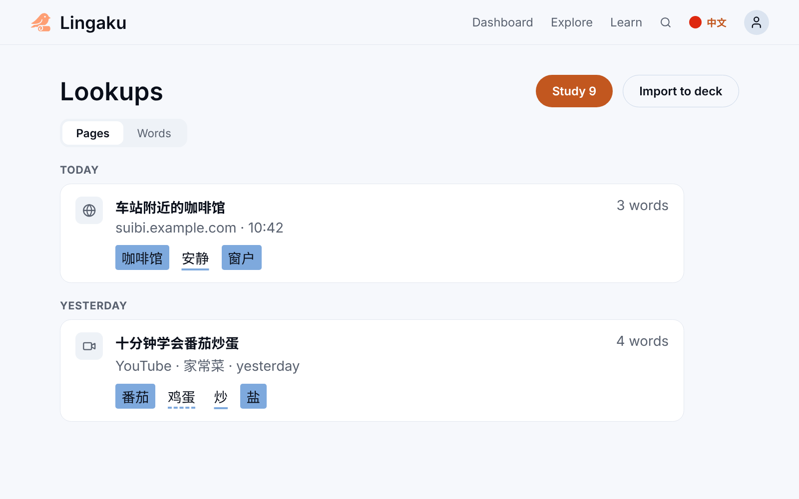 The lookups page listing pages and videos with their looked-up words