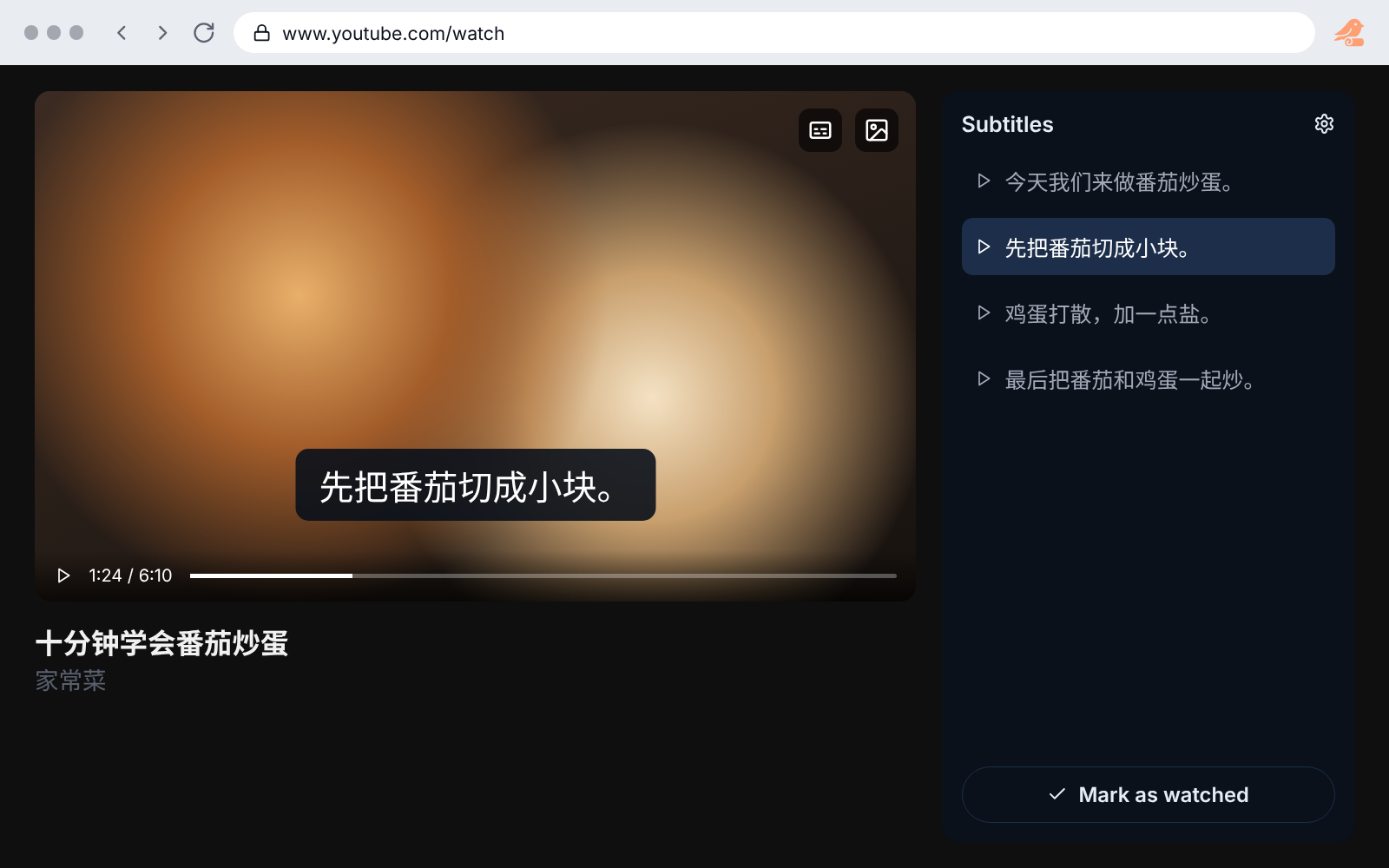 A YouTube video with Lingaku subtitles and the subtitle list beside it