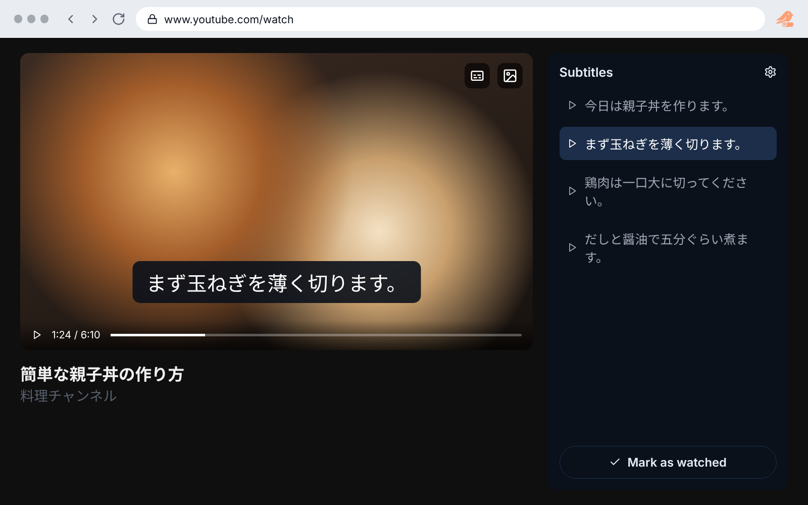 A YouTube video with Lingaku subtitles and the subtitle list beside it